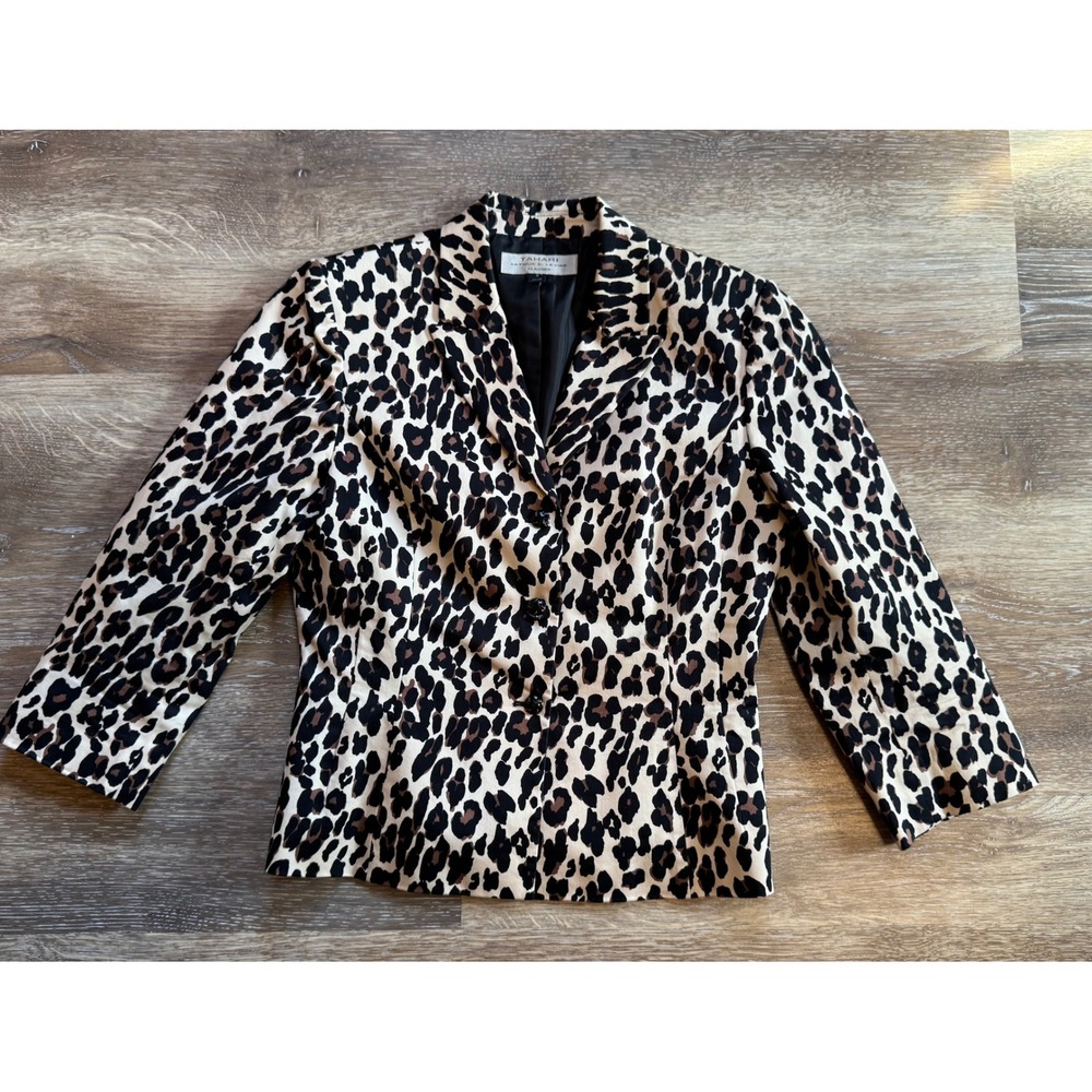 Tahari Arthur S Levine Classics Leopard Print Blazer Jacket Tan Black Size 8
